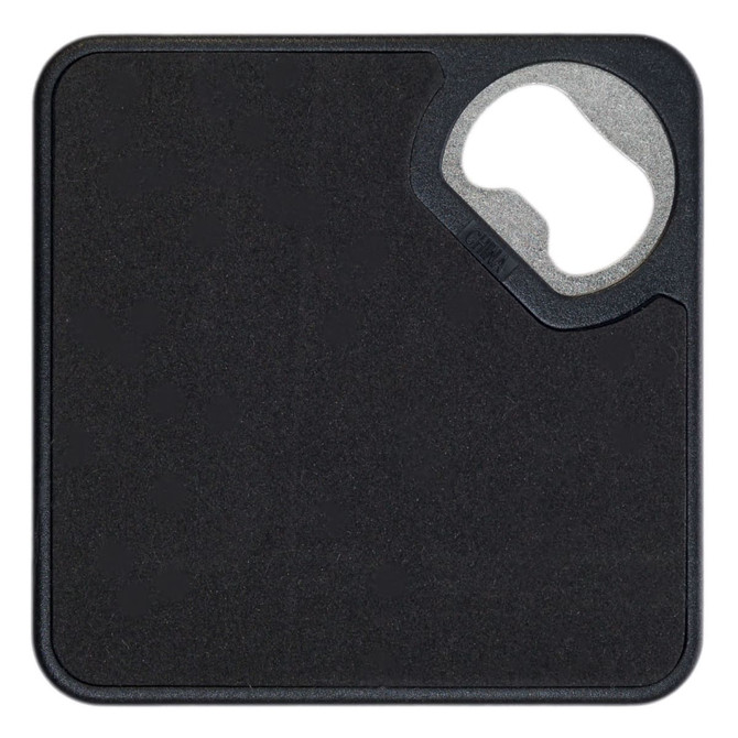A drink bottle opener and coaster combination featuring a sleek, black design with a circular opening for bottle caps.