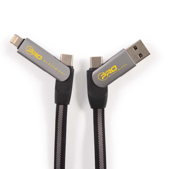A charging cable with a grey and black design, featuring USB, Lightning, and USB-C connectors at each end.