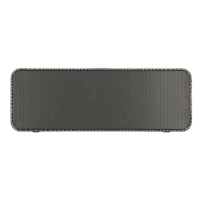 A grey wireless speaker with a textured mesh front and a simple design, featuring a branding logo.