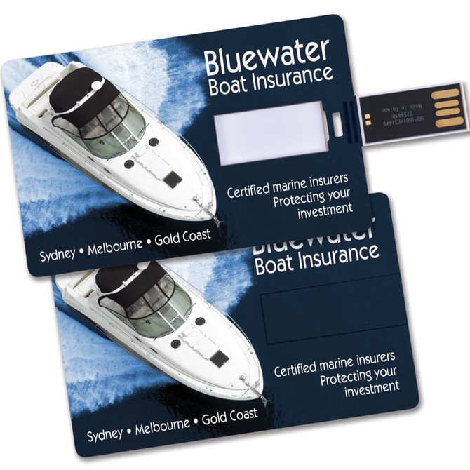 A credit card-sized flash drive featuring a boat image, with a dark blue background and a logo.
