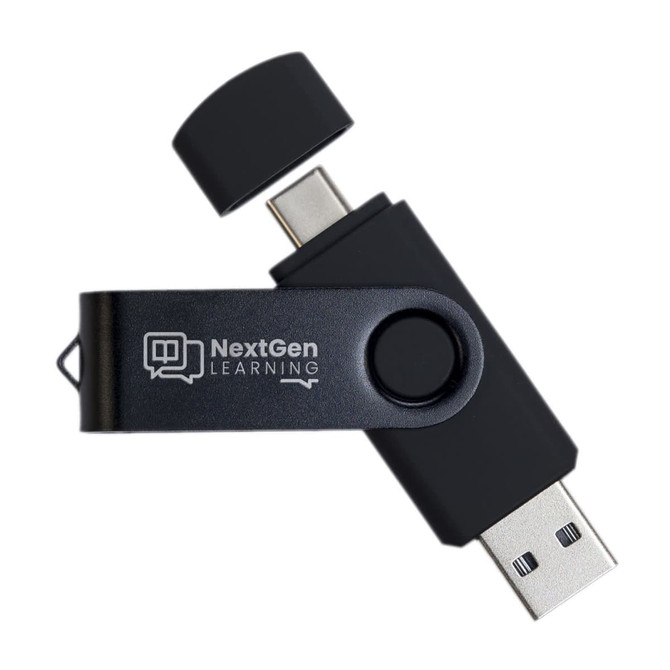 A black swivel USB flash drive with dual connectors, featuring a logo on the side.