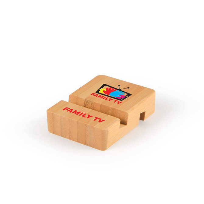 A bamboo tablet and phone stand with the text "FAMILY TV" and a colorful television graphic printed on it.