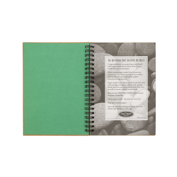 A green Stone Paper Notebook with a spiral binding, featuring a textured interior and a stone-like background.