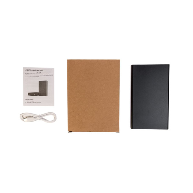 A black power bank with a cardboard box and white charging cable, accompanied by an instruction sheet.