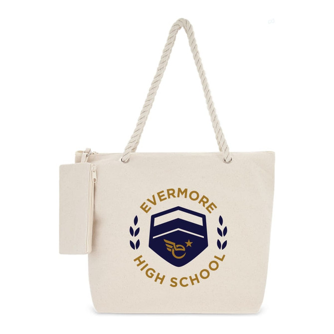 A cream canvas tote bag with a rope handle and a logo featuring a shield and text. It includes a zippered pouch.