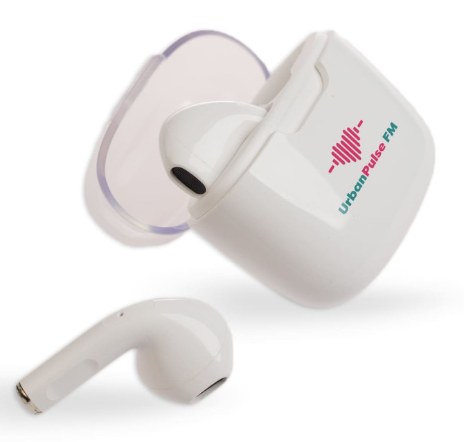 A pair of white earbuds with a transparent charging case, featuring a logo on the case.