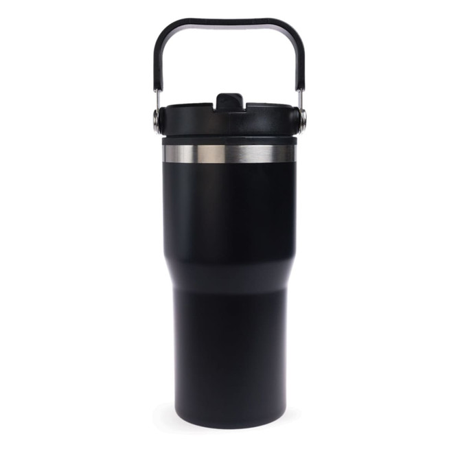 A drink bottle in black with a silver accent and a handle, designed as a tumbler. It has a lid and a logo.