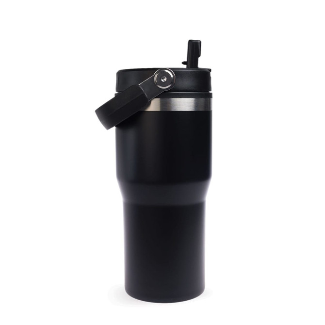 A drink tumbler in matte black with a silver accent and a black lid featuring a handle. It has a logo on the side.