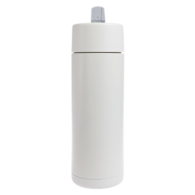 A drink bottle in white, featuring a sleek design and a grey lid, with a logo visible.