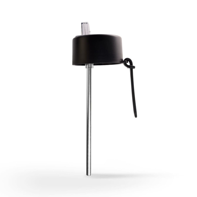 A drink bottle cap for the Zara 1 Litre Steel Bottle, featuring a sleek black design and a metal straw attachment.