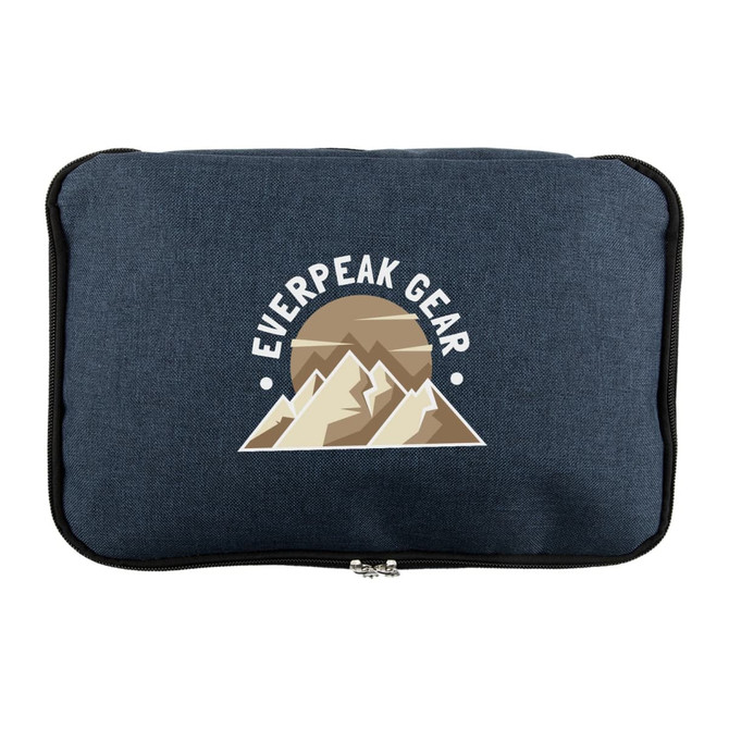 A navy cooler bag featuring a mountain logo on the front, designed for carrying food and drinks.