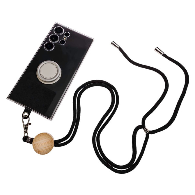 A black phone neck lanyard with a wooden bead and a phone holder attachment, designed to secure a smartphone.