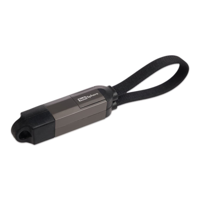 A gray 4-in-1 charging cable with a looped handle, featuring a logo and a compact design.