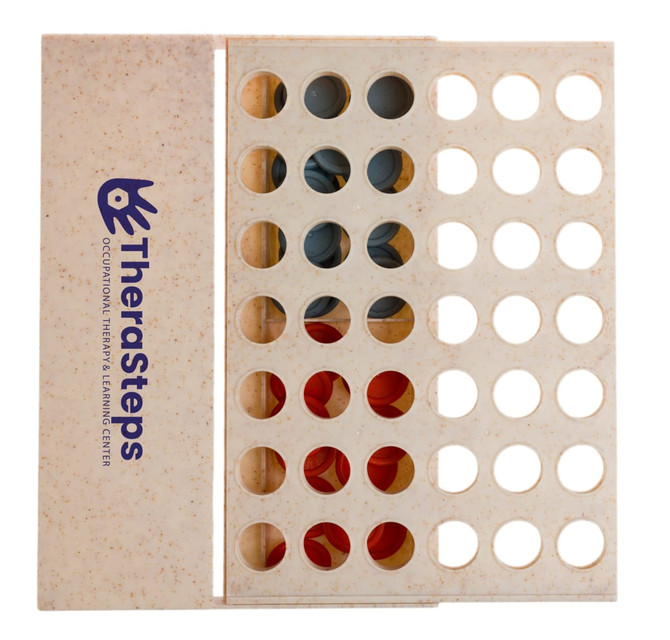 A game board with red and blue tokens placed in a beige frame, featuring a logo.
