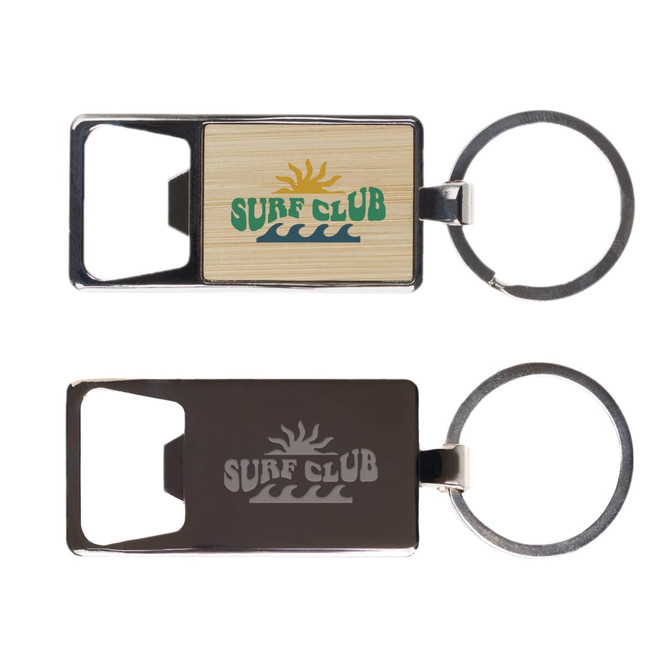 A drink bottle opener keytag featuring a wooden design and black metal finish, with a circular keyring attachment.