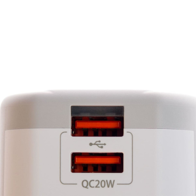 A travel adaptor with two USB ports, featuring Quick Charge technology.