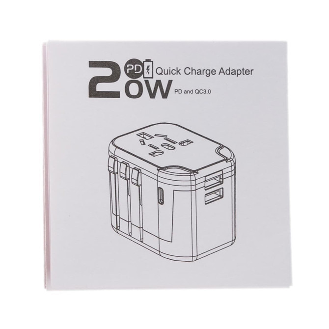 A white quick charge adapter with multiple port options, featuring a simple line drawing design.