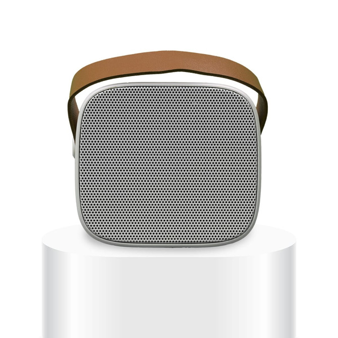 A Boombox Mini Speaker with a sleek design, featuring a mesh front and a brown strap for portability.