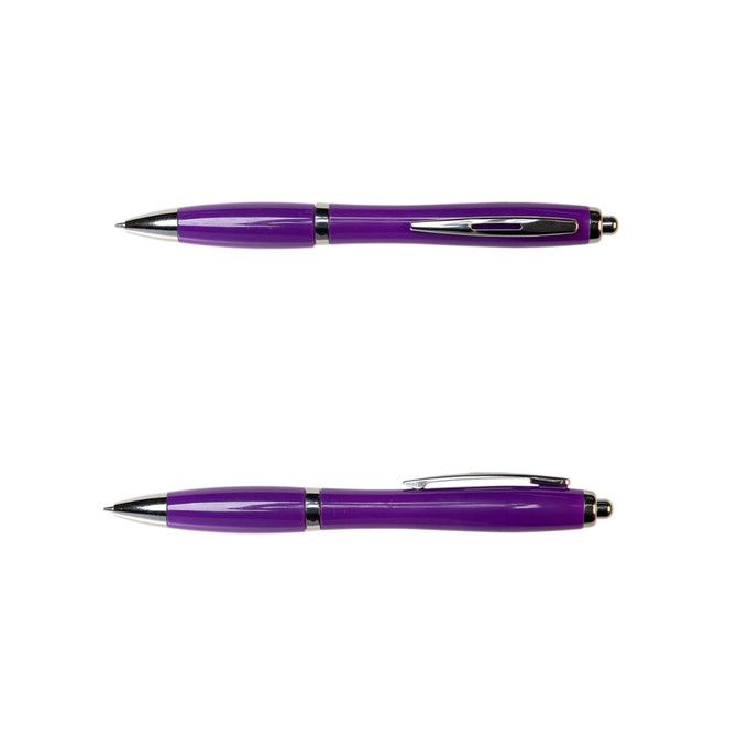 A purple plastic pen with a shiny silver clip and trim, displayed from two angles. It has a logo on the side.