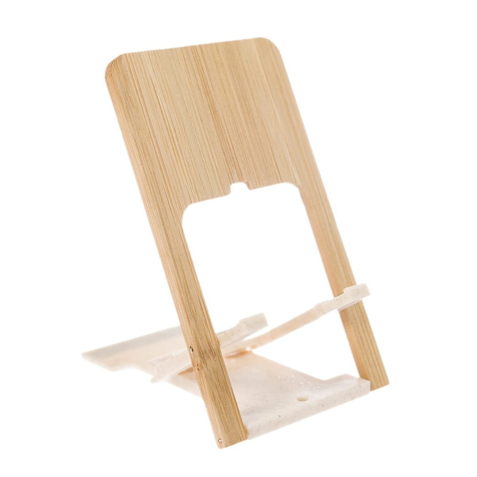 A wooden phone stand with a sleek design, featuring a cutout for the device and a sturdy base for support.