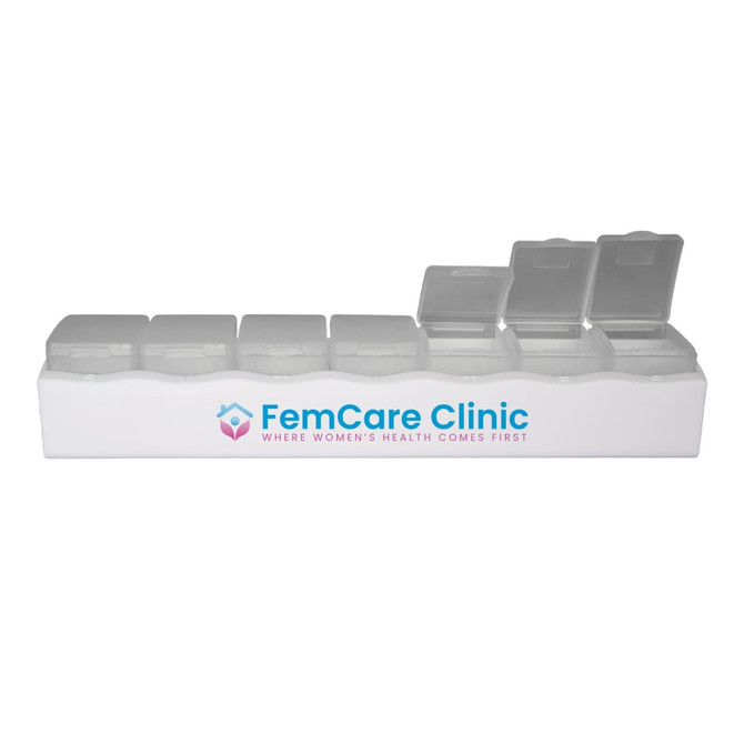 A weekly pill box with a white base and clear compartments, featuring a logo on the front.