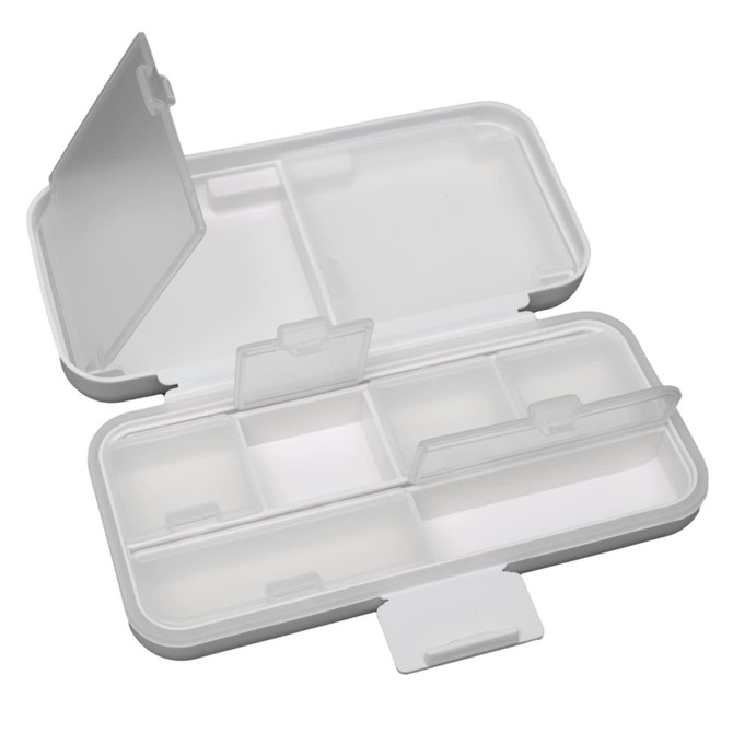 A compact pill organizer in white with multiple compartments and clear lids for easy access to contents.