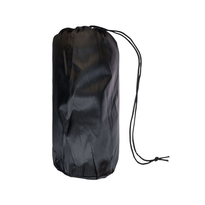 A black polar blanket packed in a portable storage bag with a drawstring closure.