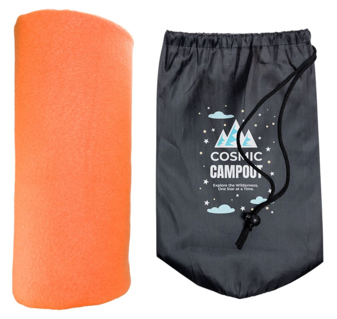 An orange polar blanket next to a drawstring bag with a camping theme and a logo.