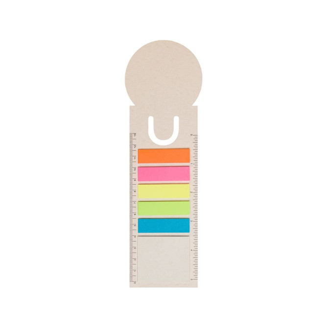A bookmark designed in the shape of a milk carton, featuring five colorful sticky note tabs and a ruler along one side.