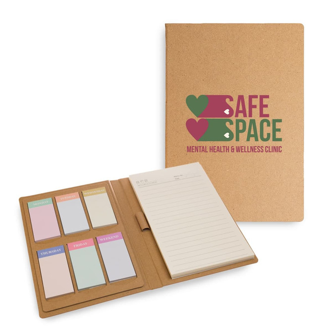 A cork-bound Daily Note Planner with colorful sticky notes and a notepad, featuring a logo on the cover.