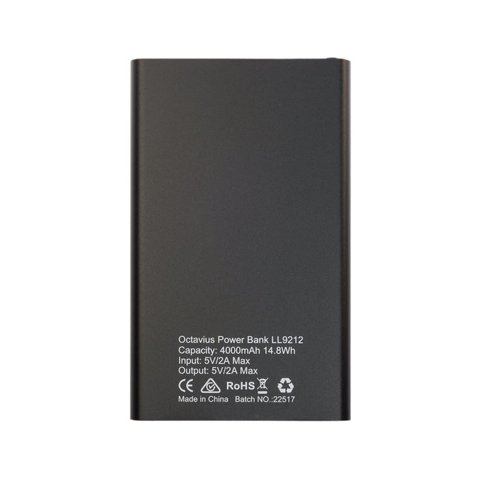A sleek black power bank with a capacity of 4000mAh, featuring input and output specifications. Includes a logo.