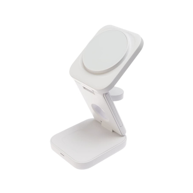 A white 3-in-1 wireless charger with adjustable parts and a logo, designed for phones and technology.