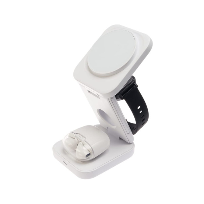 A white 3-in-1 wireless charger with a stand for a phone, a spot for AirPods, and a section for a smartwatch.