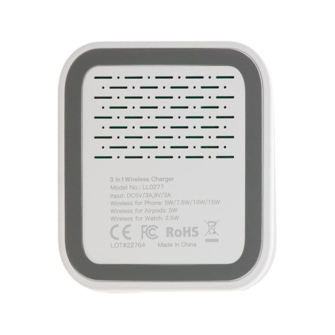 A rectangular 3-in-1 wireless charger in white and gray, featuring a textured surface and a branding logo.
