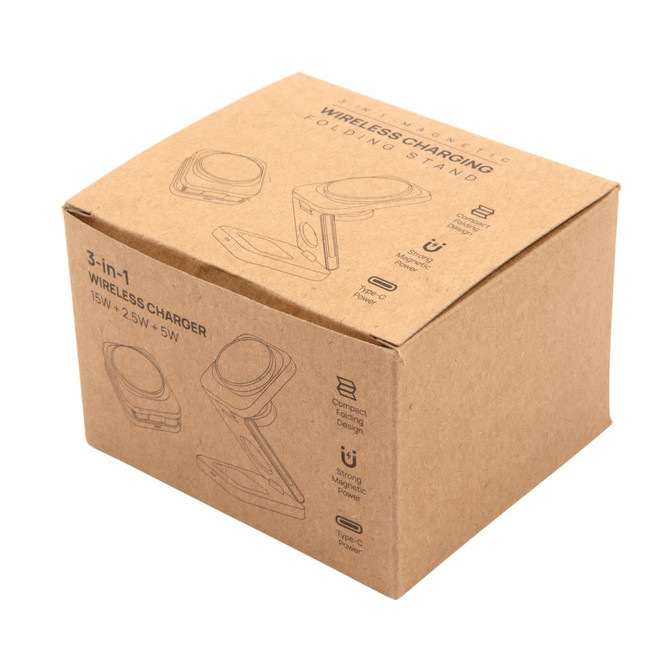 A brown cardboard box containing the Spartan 3-in-1 wireless charger, featuring illustrations and a logo.