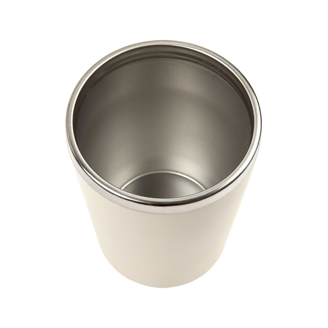 A double wall coffee cup in stainless steel featuring a sleek, cylindrical design and a smooth interior.