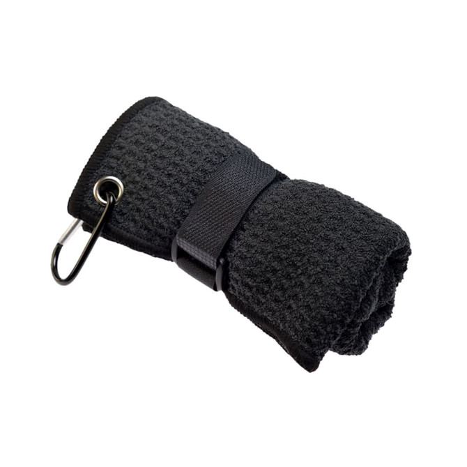 A folded black travel towel secured with a strap and carabiner, featuring a textured surface.