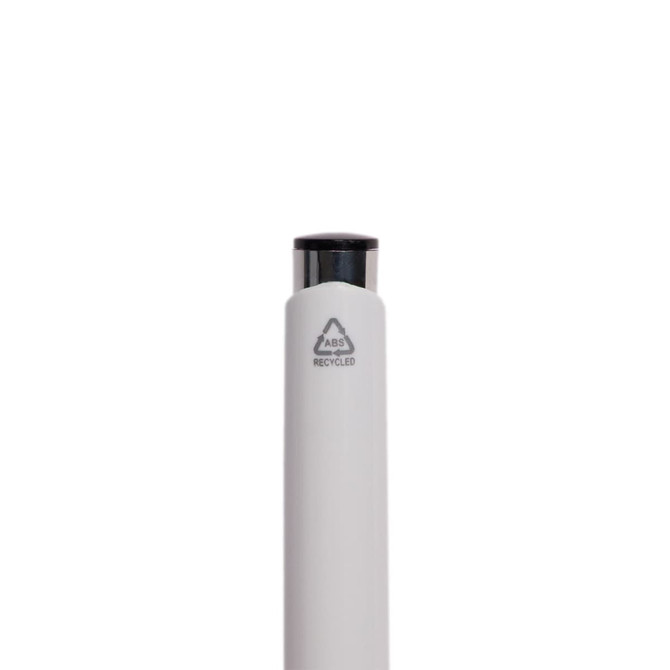 A white pen made from recycled ABS material, featuring a black top and a logo indicating it's recycled.