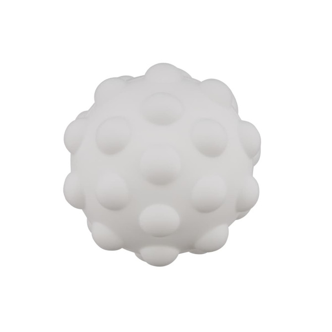 A white textured ball featuring raised dots, designed for tactile interaction. It has a smooth, rounded shape.
