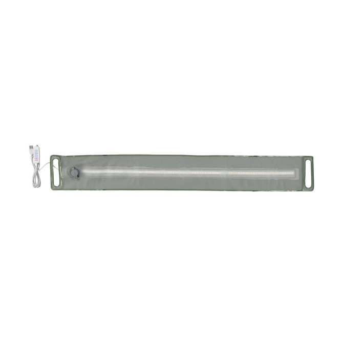 A foldable camp light in green, featuring a transparent casing, USB charging cable, and attachment points.