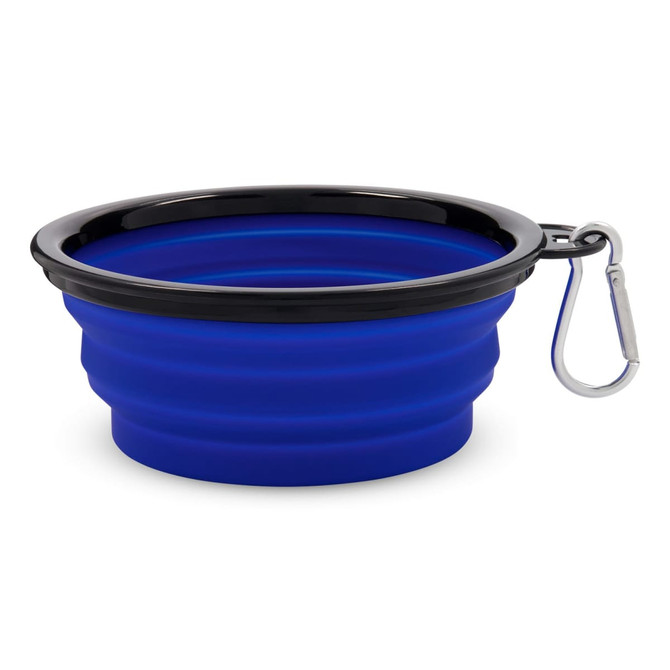 A blue collapsible bowl with a black rim and a carabiner for easy attachment. It features a logo.