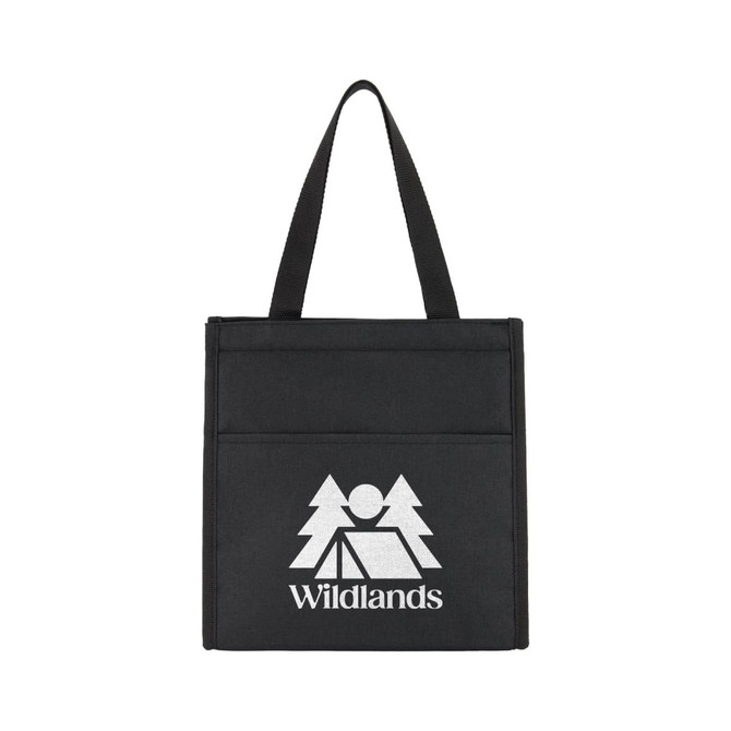 A black cooler bag featuring a logo and a front pocket, designed for transporting food and drinks.