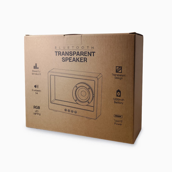 A cardboard box containing a transparent speaker with RGB LED lighting. It features icons for Bluetooth and power.