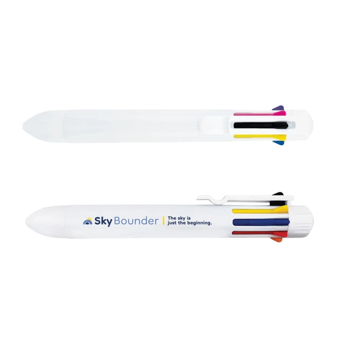 A white pen featuring multiple coloured grips and a logo. It has a retractable tip and a clip for attachment.