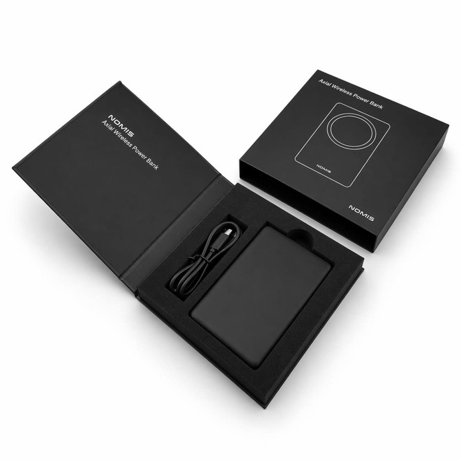 A black power bank in a box with a matching black interior, accompanied by a charging cable. The box features a logo.