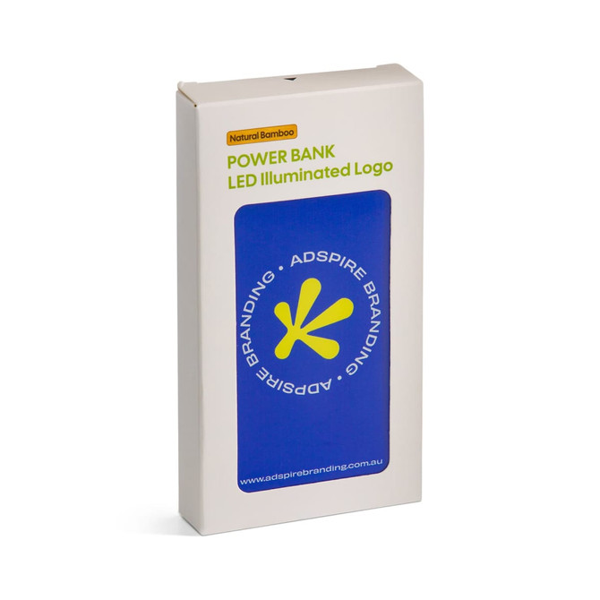 A power bank in a packaging box, featuring a natural bamboo design and a blue front with a logo.