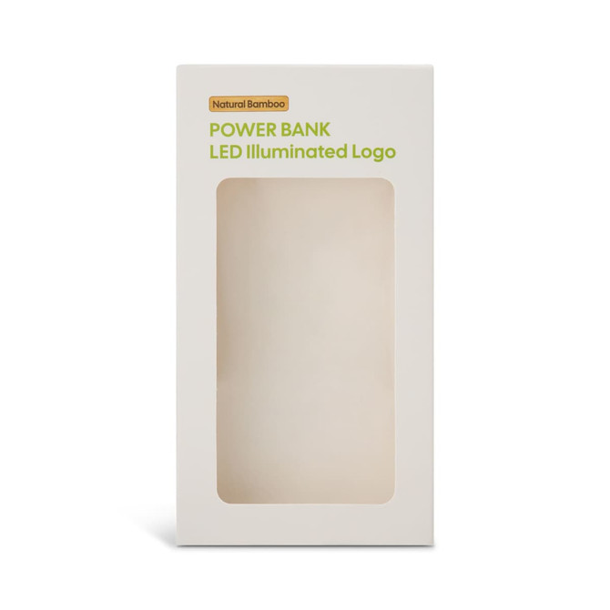 A power bank in a plain white packaging with a transparent front, featuring a natural bamboo design and a branding logo.