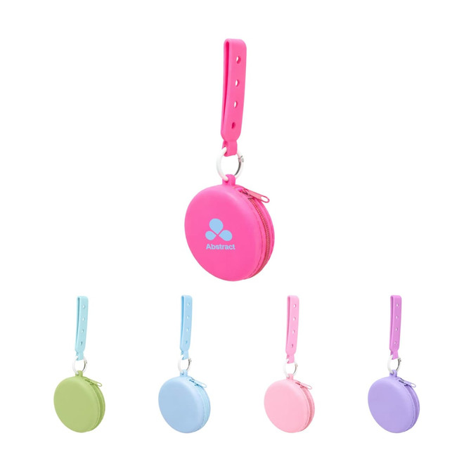 A collection of silicone pouches in pink, blue, and purple, each with a strap and a logo.