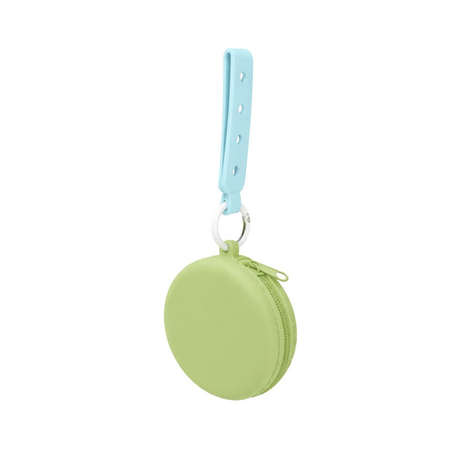 A green silicone pouch with a blue strap and a keyring attachment, featuring a zip closure.