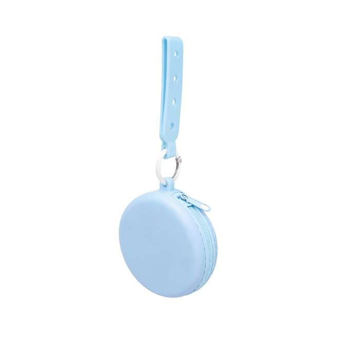 A light blue silicone pouch with a strap, featuring a zipper and a metal clip for attachment.